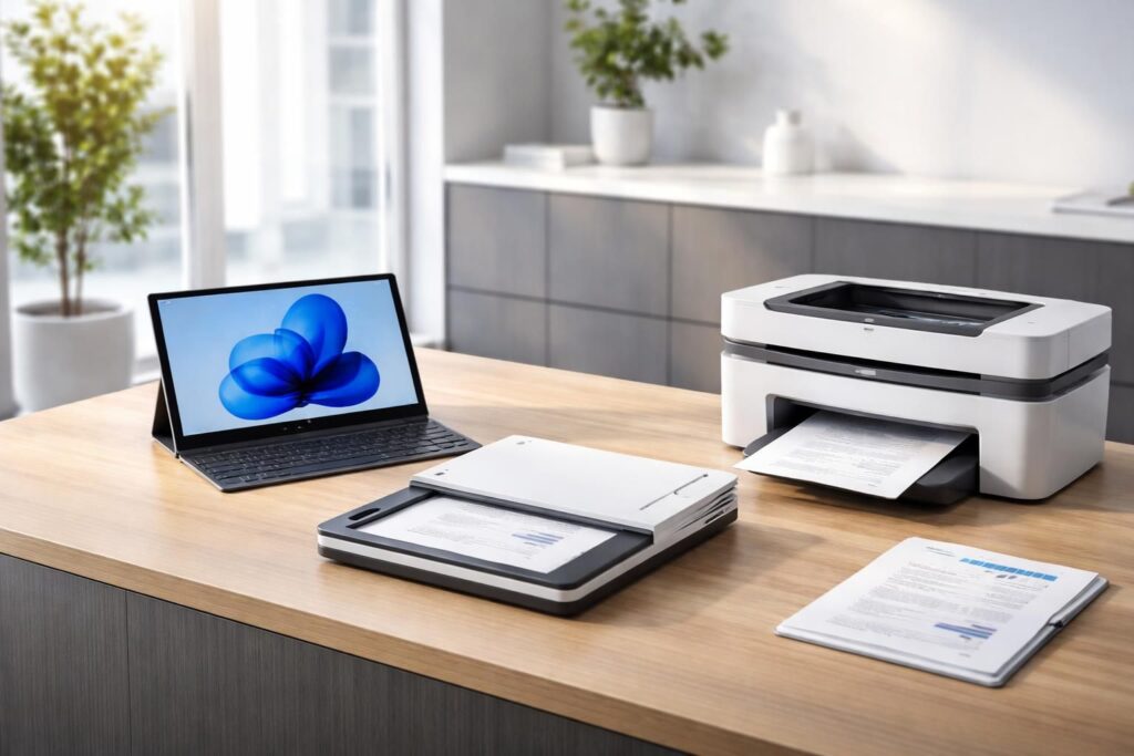 découvrez notre solution d'accueil autonome alliant une tablette windows, un scanner performant et une imprimante professionnelle pour un workflow fluide et efficace.