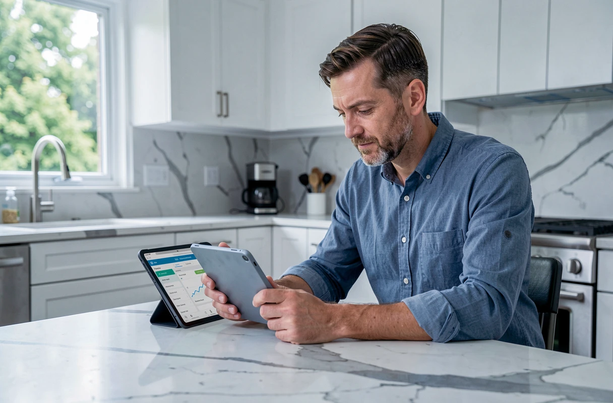 Homme en télétravail accédant à distance à ses horaires de travail via une application de gestion du temps sur tablette
