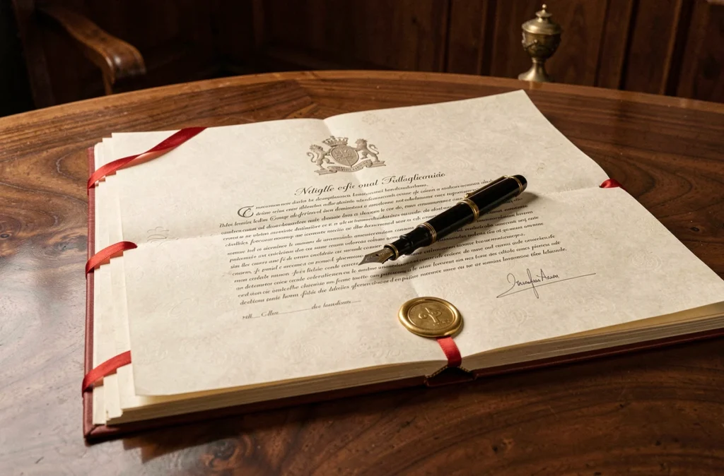 Acte notarial officiel ouvert sur un bureau en noyer avec logo notaire embossé, sceau en cire dorée et stylo plume