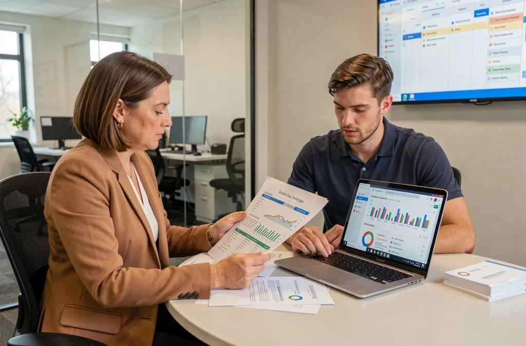 Consultants de l'agence ABK Agence Digitale analysant un audit digital complet en salle de réunion en Bretagne