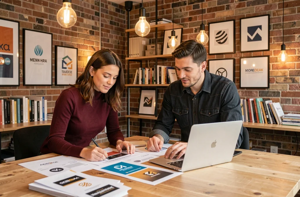 Deux créatifs de l'agence Azelty collaborant sur des maquettes de branding dans un studio design en Bretagne