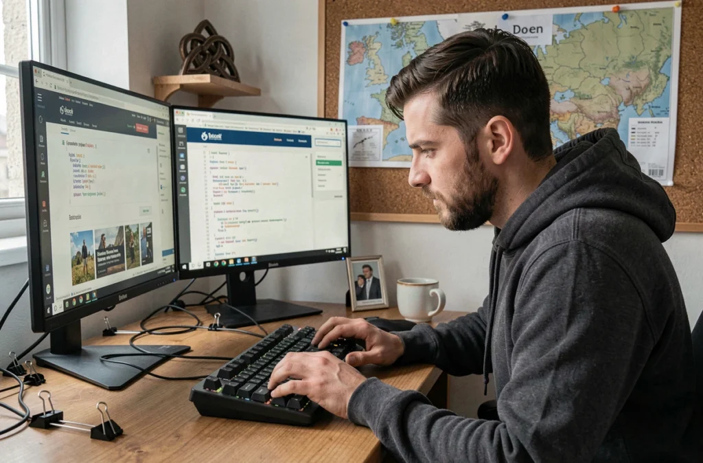 Développeur web de l'agence Breizhtorm codant un site e-commerce régional avec des références culturelles bretonnes