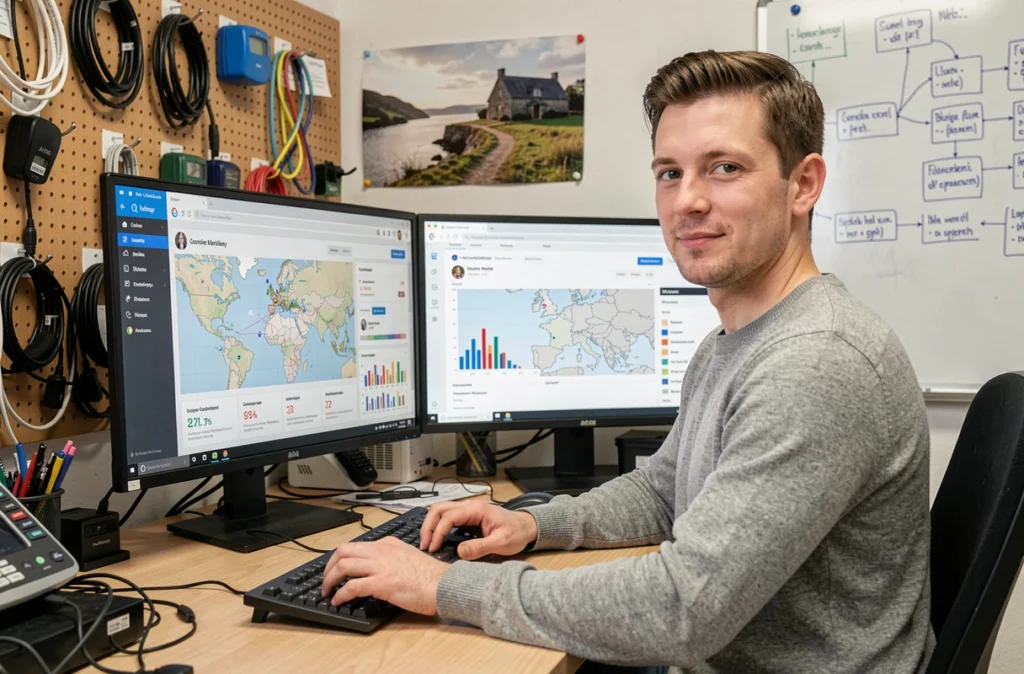 Développeur travaillant sur la plateforme de marketing local de l'agence Digitaleo en Bretagne