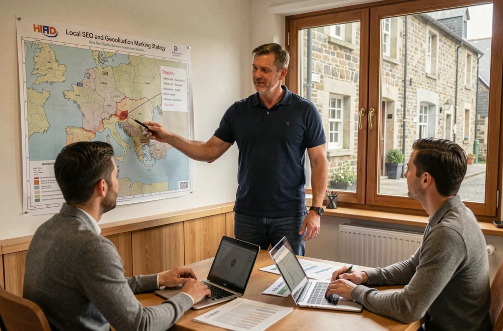 Consultant de l'agence GEO Bretagne présentant une stratégie de référencement local sur une carte régionale de Bretagne