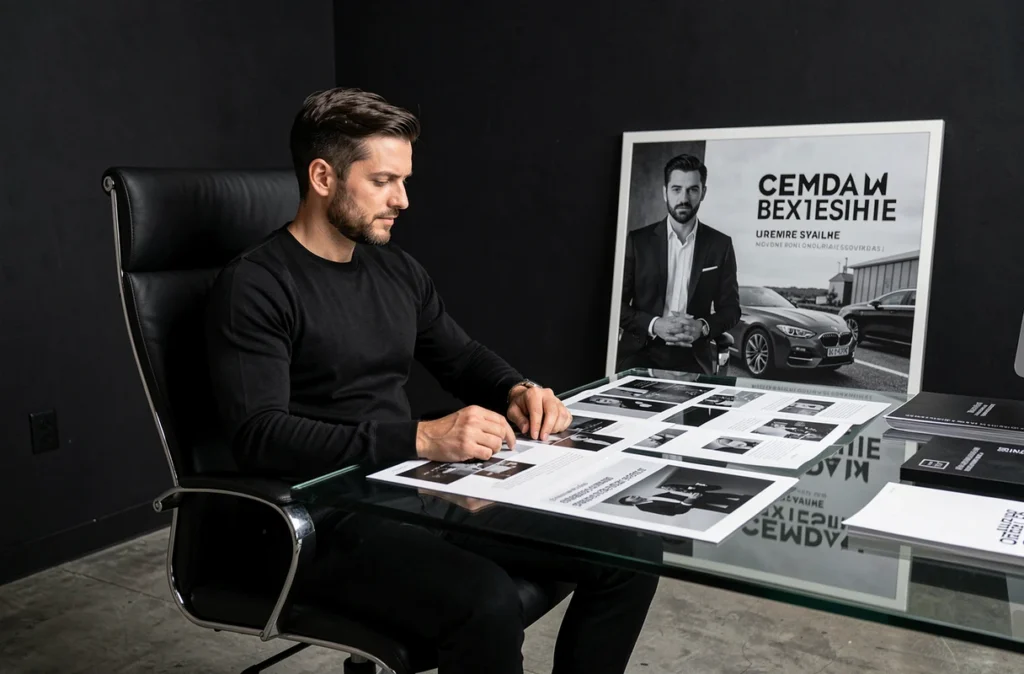 Directeur créatif d'Oscar Black consultant des visuels de campagne haut de gamme dans un bureau design minimaliste