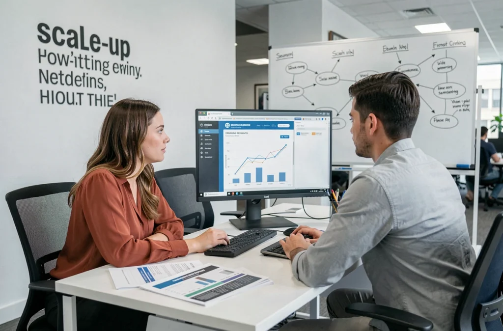 Équipe de l'agence Size Up analysant une stratégie de croissance digitale sur écran dans des bureaux modernes en Bretagne