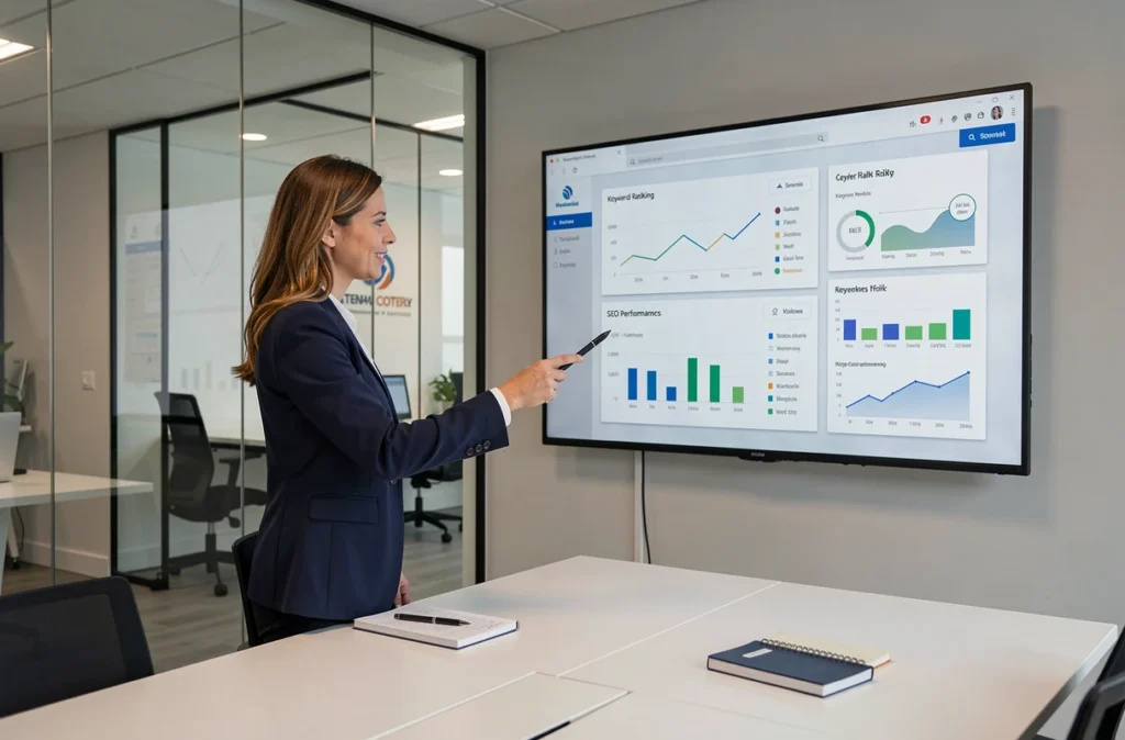 Professionnelle présentant des résultats SEO sur grand écran dans les bureaux de l'agence Yumens
