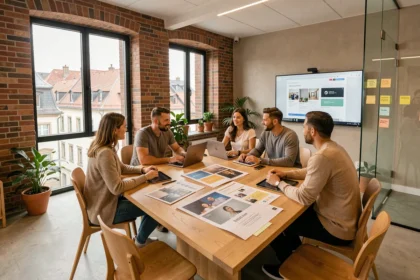 Équipe d'une agence de communication du Grand Est réunie autour d'une table de travail avec maquettes et supports visuels