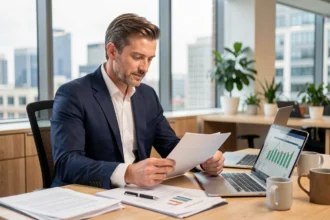 Homme d'affaires en costume marine analysant des documents fiscaux et financiers dans un bureau moderne, illustrant la gestion des commissions d'apporteur d'affaires