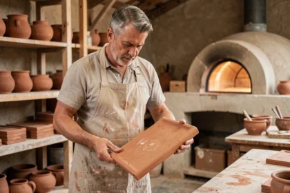 Artisan examinant une tuile en terre cuite dans un atelier de poterie traditionnelle avec des pièces d'argile sur des étagères