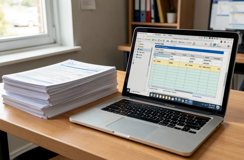 Bons de commande et factures posés à côté d'un ordinateur portable