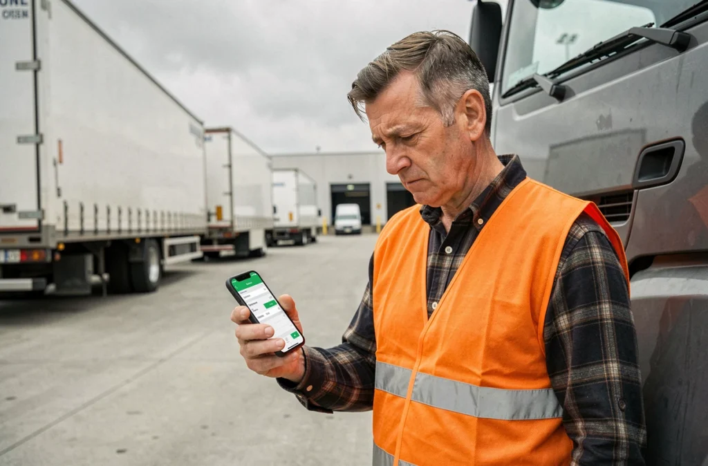 Chauffeur de poids lourd consultant son taux horaire 2026 sur smartphone dans un terminal de fret