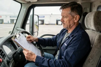 Chauffeur routier vérifiant son bulletin de salaire dans la cabine de son camion semi-remorque