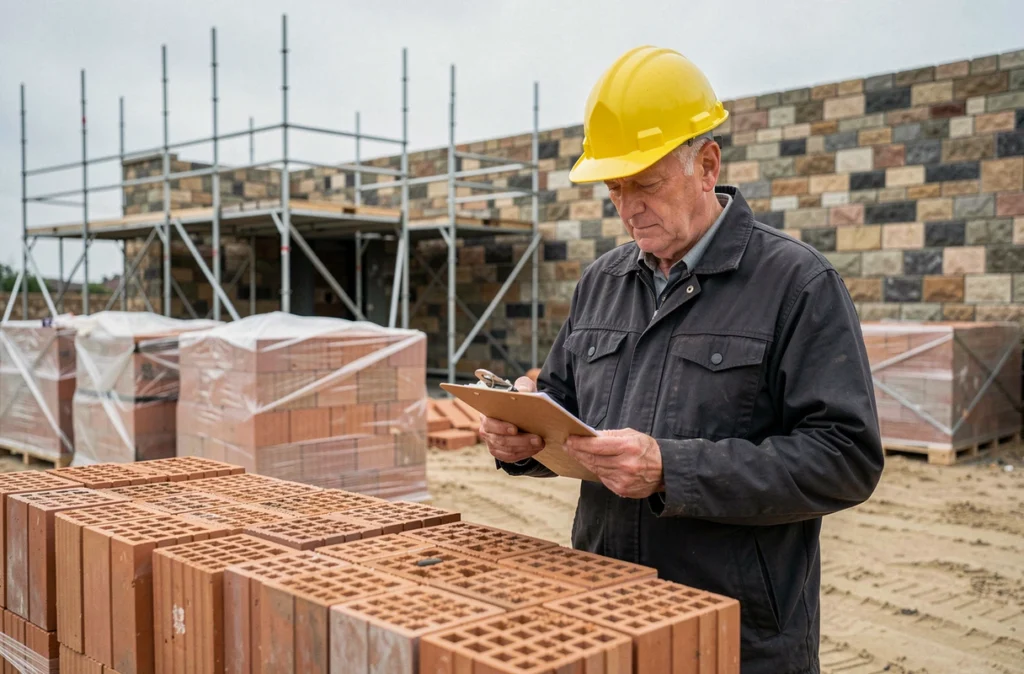 Chef de chantier comparant des devis fournisseurs devant des palettes de briques en terre cuite sur un chantier de construction
