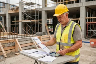 Chef de chantier analysant les dépassements de budget sur tablette avec logiciel de gestion de chantier