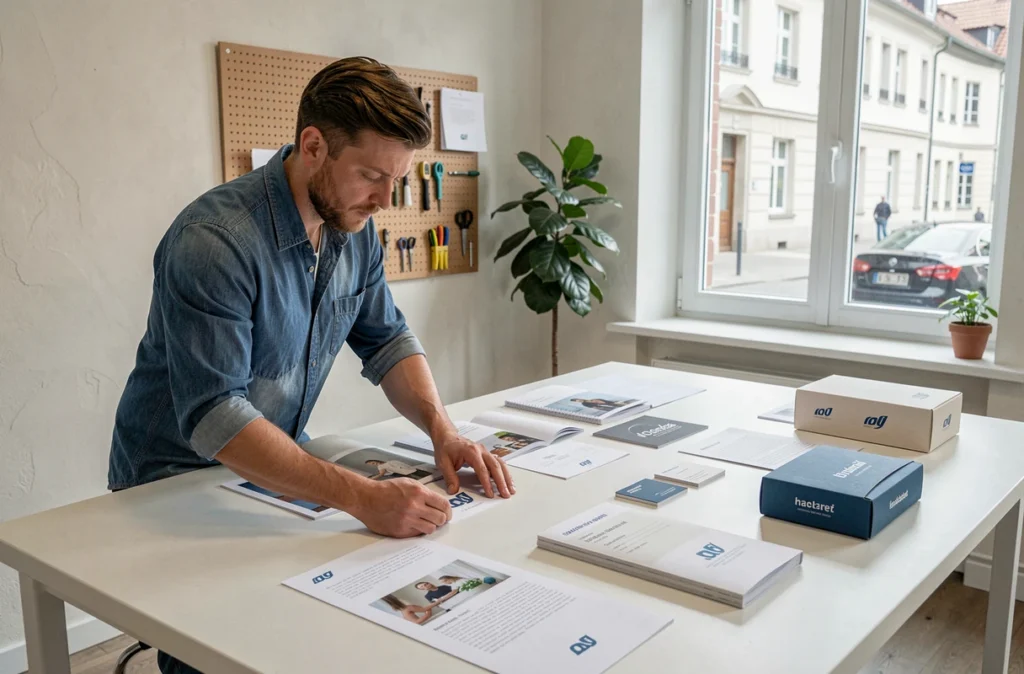 Designer de l'agence Citeasen à Strasbourg arrangeant des supports de communication imprimés sur une table de travail
