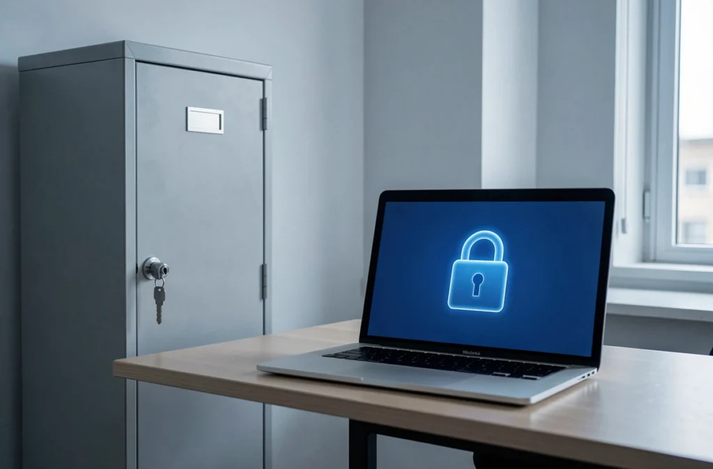 Classeur verrouillé et ordinateur illustrant la protection des données