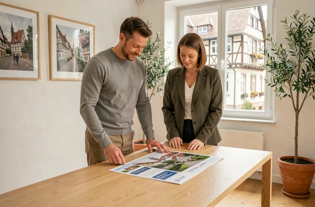 Duo fondateur de l'agence Colcom à Colmar examinant une campagne de branding territorial imprimée sur une grande table