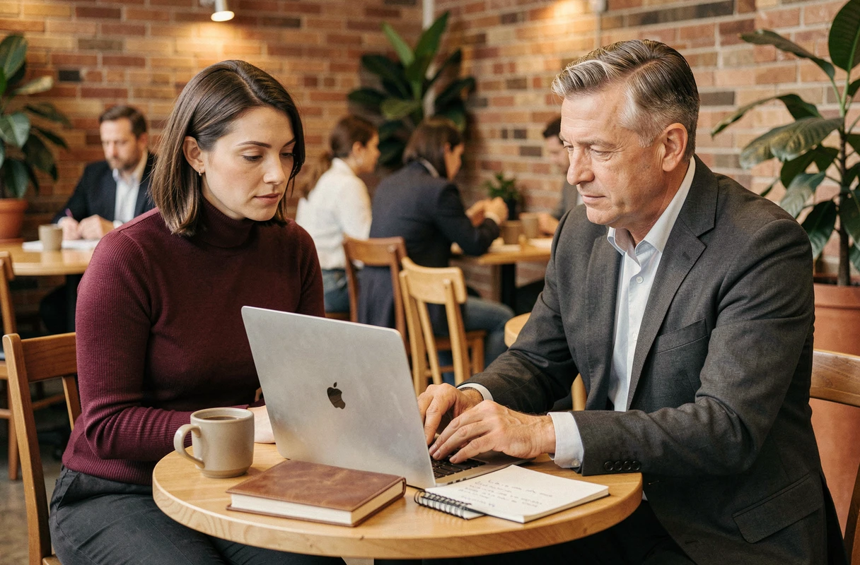 Deux professionnels collaborant sur une note de service adaptée à leur secteur dans un espace de coworking