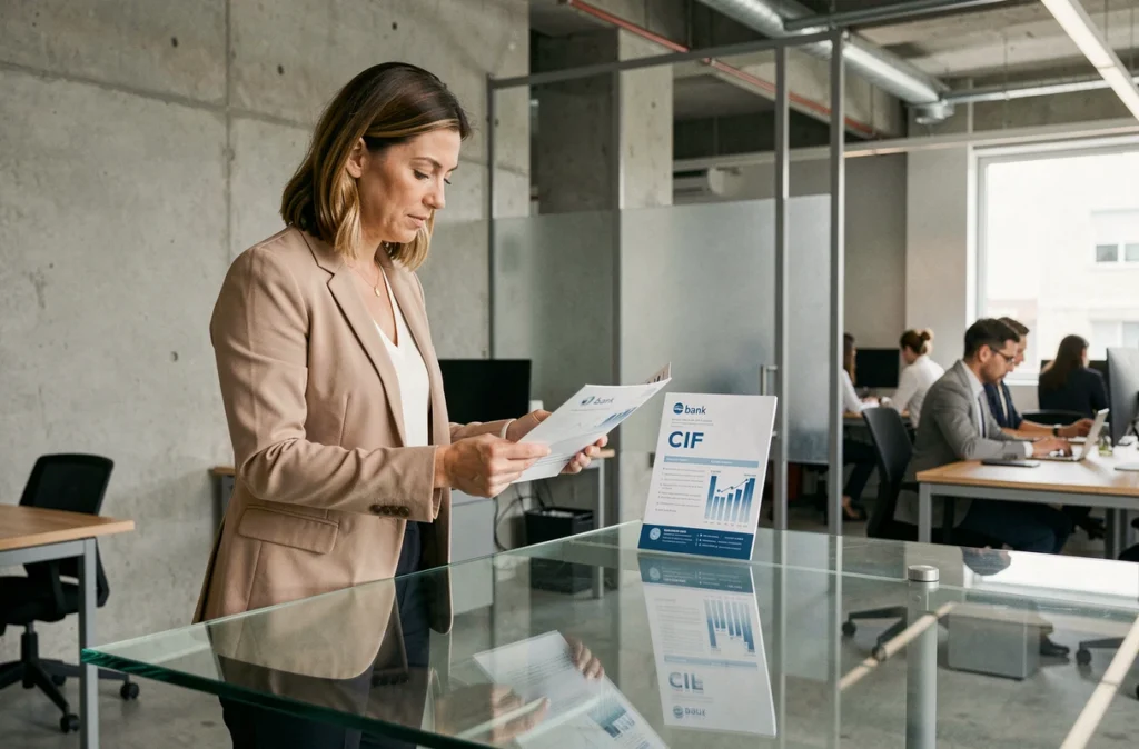 Femme comparant les services d'un CIF et d'une banque classique dans un espace de travail moderne