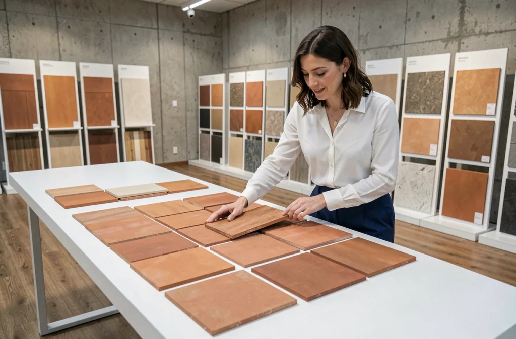 Architecte comparant des échantillons de carrelage en terre cuite dans un showroom moderne avec plusieurs références exposées