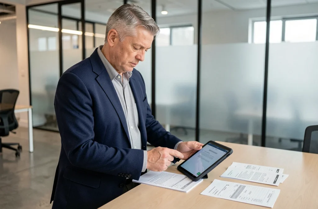 Comptable masculin analysant une facture acquittée et un avoir sur tablette dans un bureau professionnel moderne