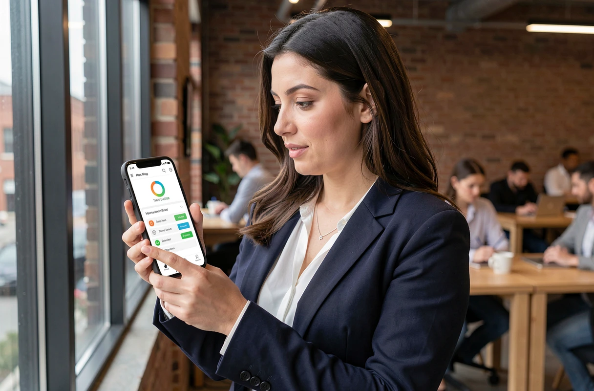 Professionnelle consultant ses horaires de travail à distance sur smartphone dans un espace de coworking via un outil de gestion du temps