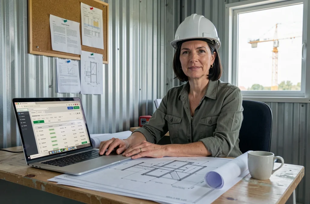 Coordinatrice de projet BTP consultant un tableau de bord de suivi des coûts de chantier sur ordinateur portable