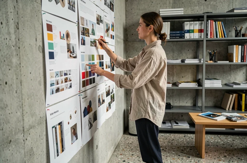 Directrice artistique de l'agence Cosm à Strasbourg composant un moodboard créatif grand format dans un studio design