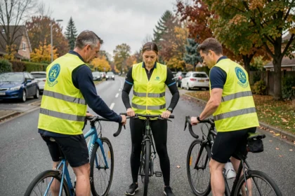 Groupe de cyclistes adultes portant des gilets de sécurité personnalisés aux couleurs d'un club de sport avant une sortie en vélo