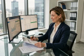 Directrice administrative et financière analysant des factures et paiements sur des tableaux de bord numériques dans un bureau moderne