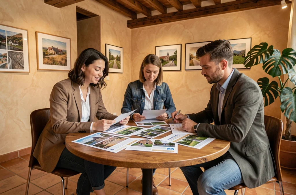 Équipe créative de l'agence Dagré dans le Grand Est examinant des visuels de campagne régionale autour d'une table ronde
