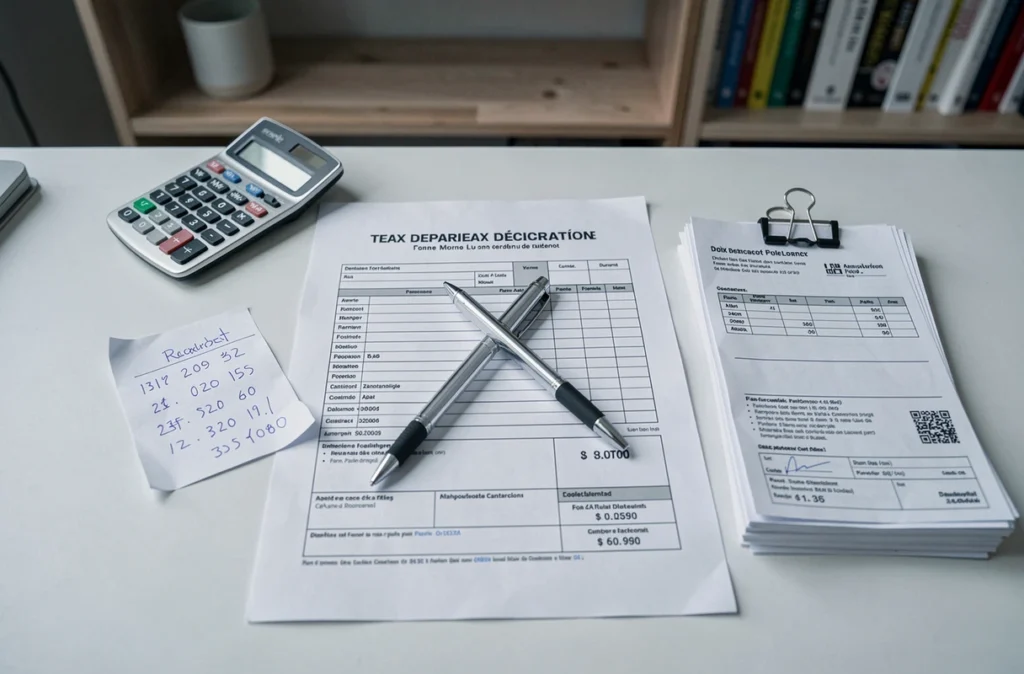 Vue aérienne d'une déclaration fiscale française, calculatrice et factures sur un bureau, symbolisant la régularisation fiscale des apporteurs d'affaires particuliers
