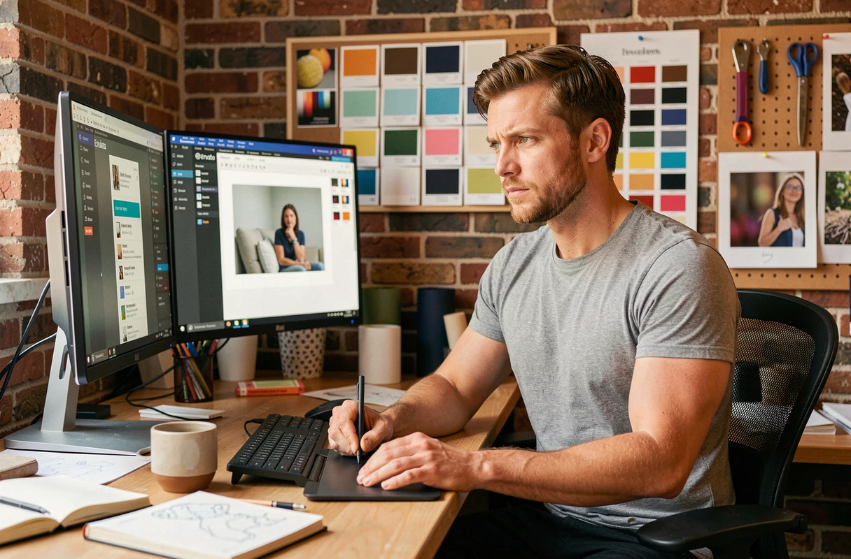 Designer graphique gérant ses licences Envato Elements sur un double écran dans un studio créatif