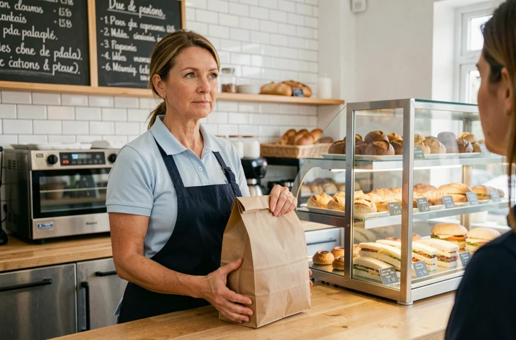 Employée de boulangerie en uniforme tendant un sac en papier à un client au comptoir de vente