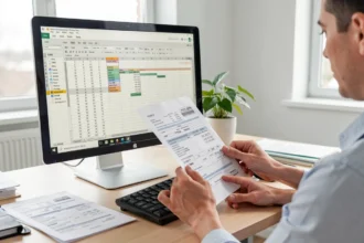 Employé saisissant des factures papier dans un tableur sur son écran