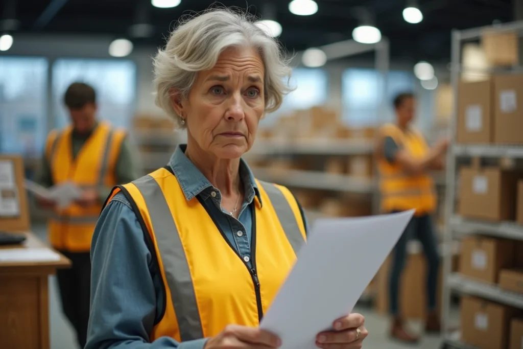 Employée de magasin en gilet jaune tenant un document officiel dans un contexte de fermeture de commerce