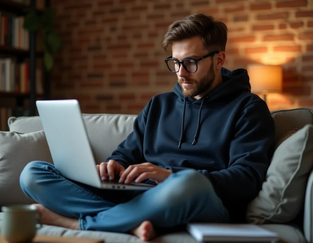 Jeune entrepreneur créant une campagne publicitaire Pay Per Click sur Google Ads depuis son domicile avec un ordinateur portable