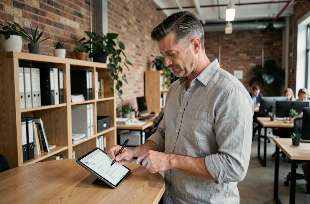 Entrepreneur masculin remplissant un devis en ligne sur tablette dans un espace de coworking