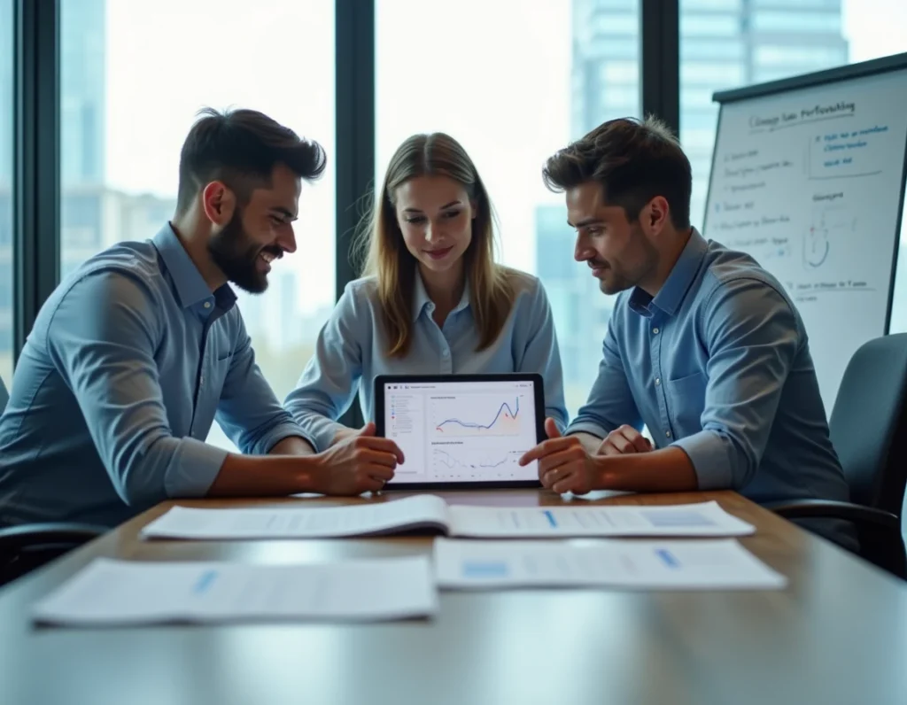 Équipe marketing discutant des résultats d'une stratégie Pay Per Click Google Ads lors d'une réunion professionnelle