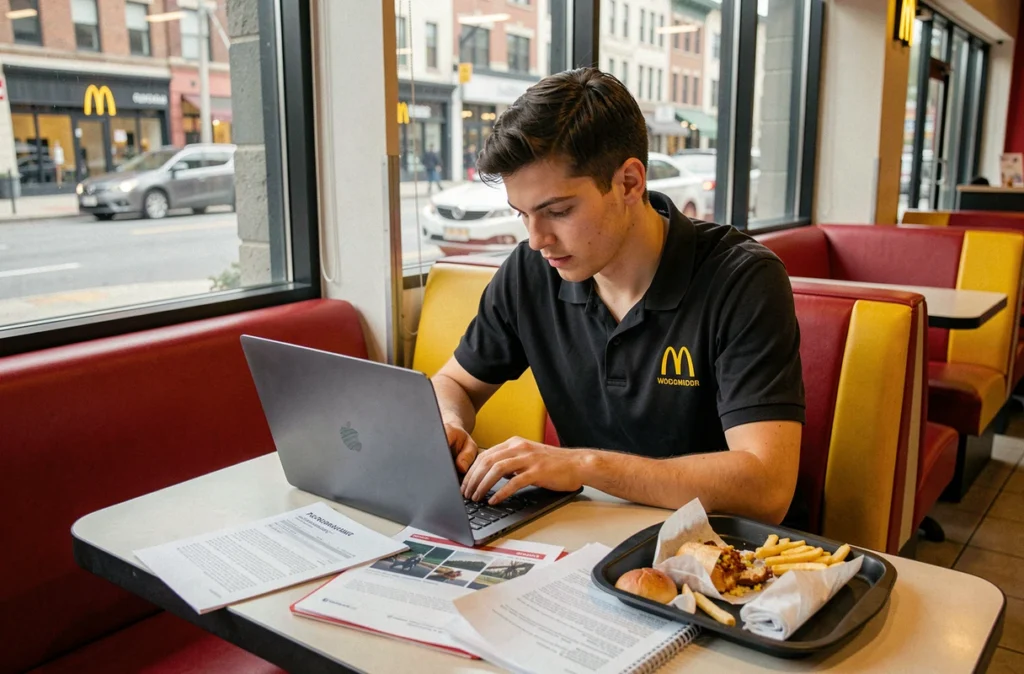 Étudiant en uniforme McDonald's révisant ses cours sur ordinateur portable dans le restaurant après son service