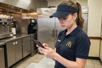 Étudiante en uniforme McDonald's consultant son emploi du temps universitaire sur son téléphone pendant une pause au travail