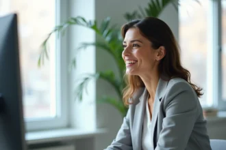 Femme professionnelle analysant une campagne Google Ads Pay Per Click sur un écran d'ordinateur dans un bureau moderne