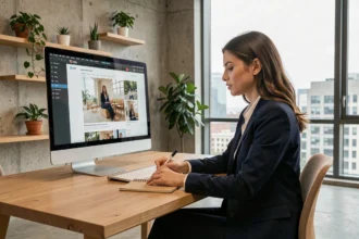 Femme analyste consultant le site editions-acala.fr pour anticiper les tendances web dans un bureau moderne