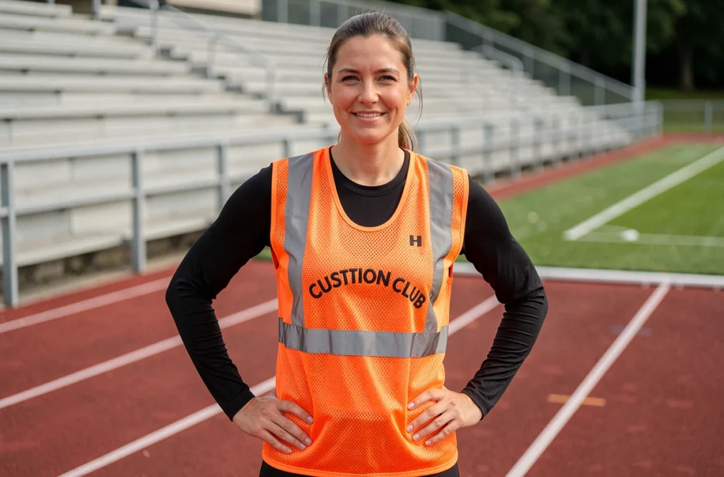 Femme athlète portant un gilet de sécurité personnalisé orange d'un club de sport sur une piste d'athlétisme