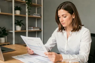 Femme professionnelle examinant des factures acquittées et des avoirs sur un bureau en bois moderne