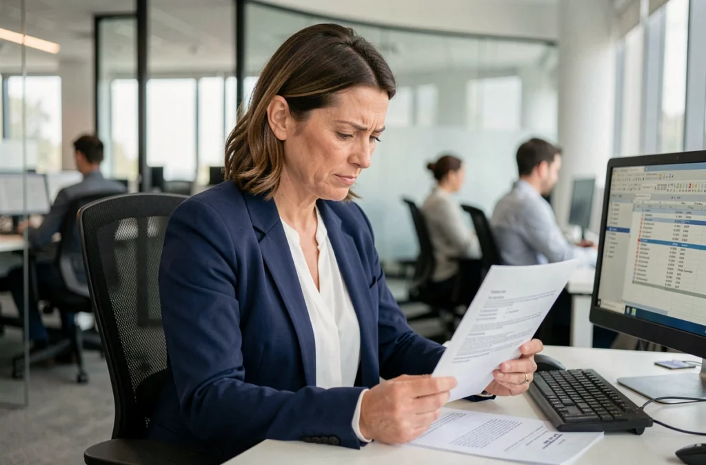 Femme cadre relisant une note de service dans un bureau d'entreprise moderne