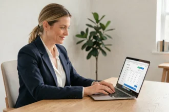 Femme entrepreneur créant un devis professionnel sur ordinateur portable dans un bureau moderne