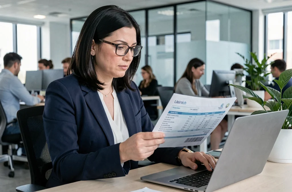 Femme en entreprise analysant un relevé bancaire avec un prélèvement B2B DGFiP sur son ordinateur portable