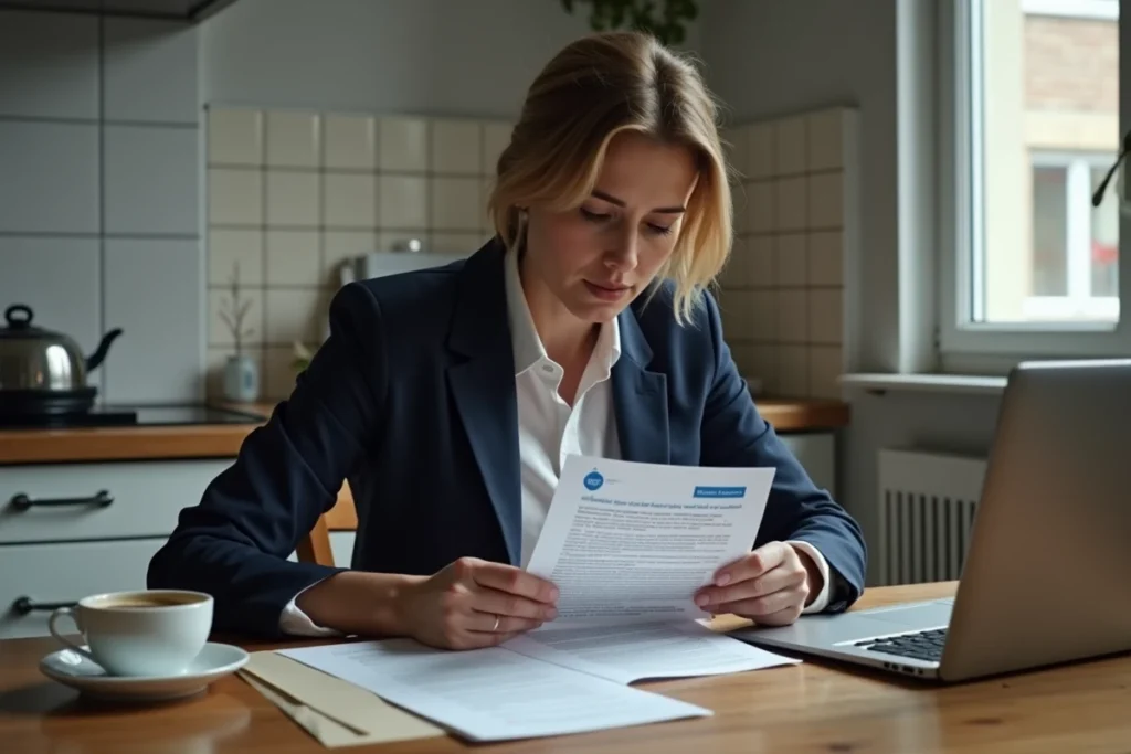 Femme lisant une lettre de licenciement pour faute grave et vérifiant ses droits au chômage en ligne